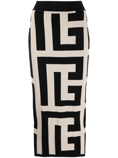 Balmain Monogram Pattern Knitted Midi Skirt In Ivory Noir