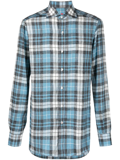 Isaia Checked Long-sleeved Shirt In Blau