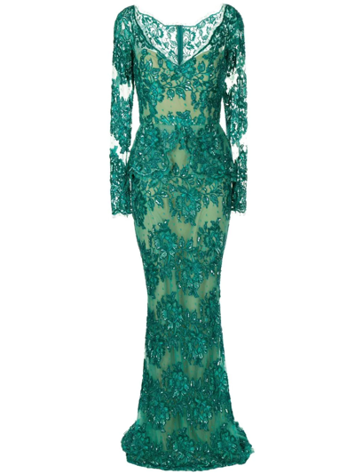 Zuhair Murad Sequinned Floral-lace Gown In Grün