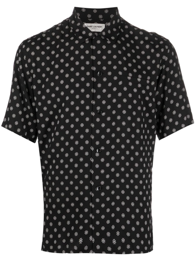 Saint Laurent Printed Viscose Short Sleeve Shirt In Black