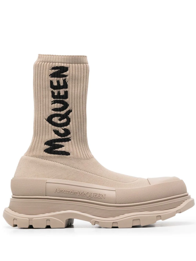 Alexander Mcqueen Tread Ribbed-knit Ankle Boots In Neutrals