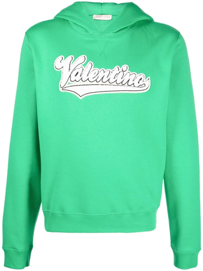 Valentino Embroidered Logo-patch Hoodie In Green