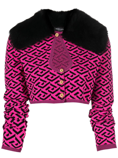 Versace La Greca Faux Fur-trimmed Cardigan In Pink