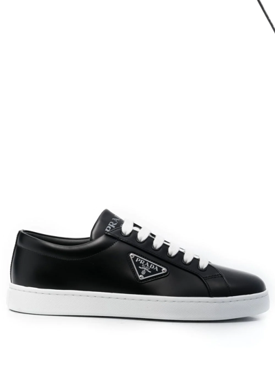 Prada Gold Logo Leather Low-top Trainers In Black White