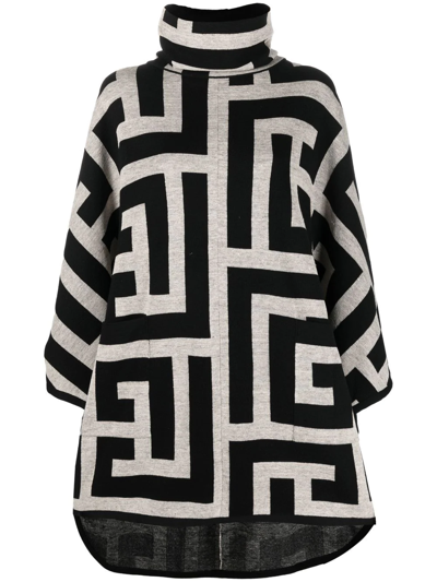 Balmain Woman Knitted Poncho With Black And Ivory Maxi Monogram In Ivoire/noir