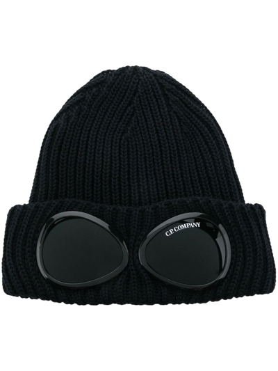 C.p. Company Goggle-detail Knit Beanie In Blue