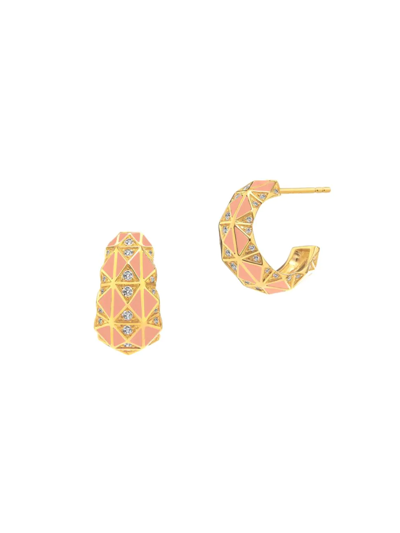 Syna 18k Yellow Gold Coral Enamel Diamond Hoop Earrings