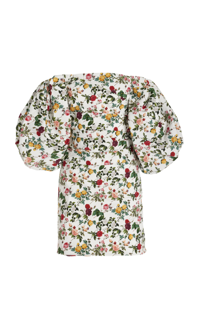 Oscar De La Renta Off-the-shoulder Ruched Floral-print Cotton-blend Mini Dress In White Multi