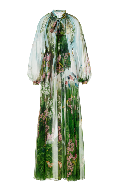 Oscar De La Renta Tie-neck Pintucked Printed Silk-chiffon Gown In Multicolor