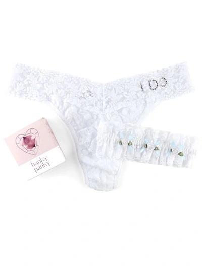 Hanky Panky I Do Original Rise Thong & Garter Box Set In White,powder Blue