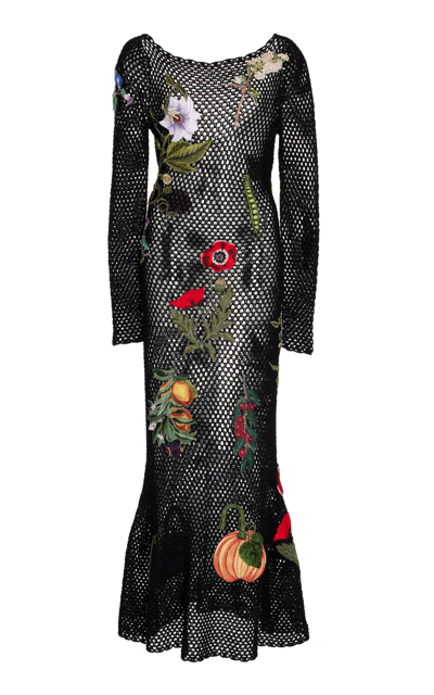 Oscar De La Renta Floral-embroidered Crocheted Cotton Midi Dress In Multi