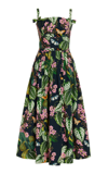 Oscar De La Renta Pleated Botanical Print Cutout Stretch Cotton Midi Dress In Multi
