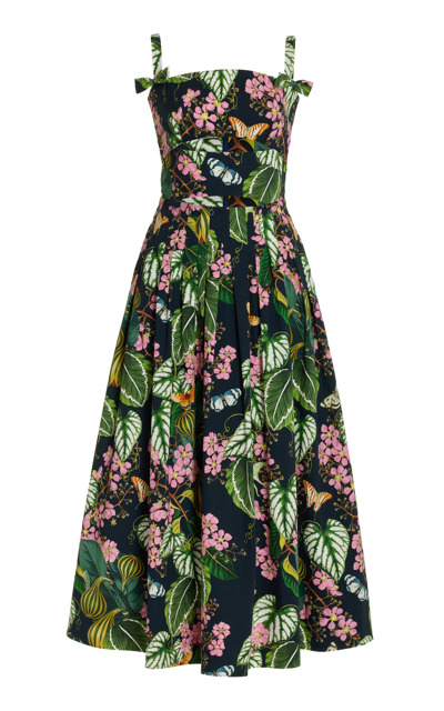 Oscar De La Renta Pleated Botanical Print Cutout Stretch Cotton Midi Dress In Multicolor