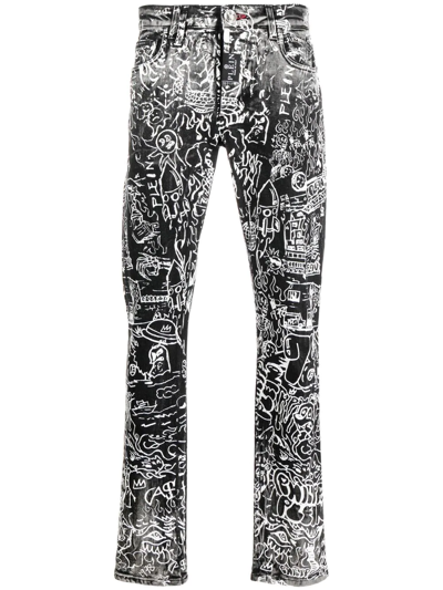 Philipp Plein All-over Graphic-print Jeans In Grey