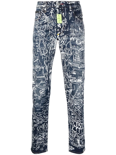 Philipp Plein All-over Graphic-print Jeans In Blue