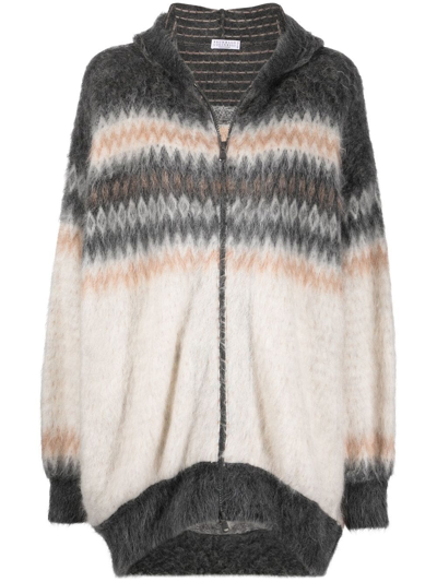 Brunello Cucinelli Cardigan Sweater In Mohair And Wool With Zip And Hood In Beige
