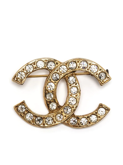 Pre-owned Chanel 1980-1990s Rhinestone-embellished Cc Brooch In Gold