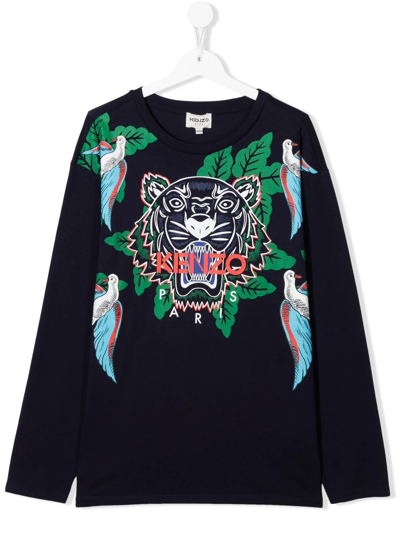 Kenzo Kids' Long-sleeved Blue Cotton Sweater With Tiger Logo Print Boy