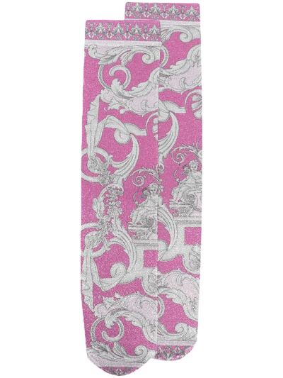 Versace Baroque Pattern-print Socks In Pink