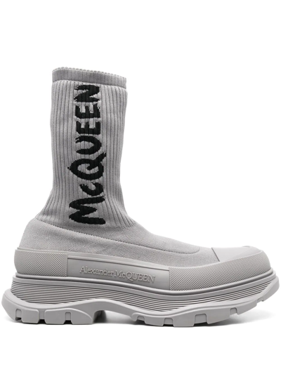 Alexander Mcqueen Sock-fit Logo-print Sneakers In True Grey