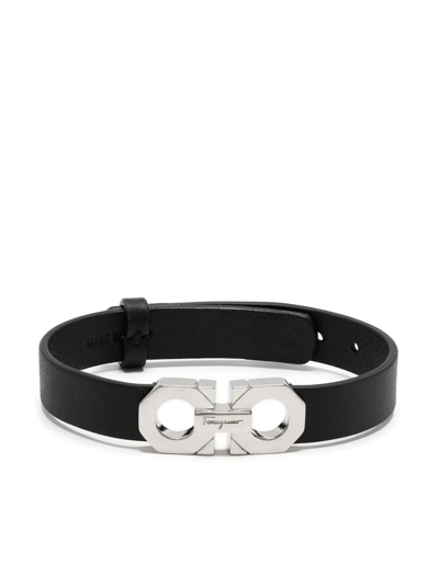 Ferragamo Gancini-logo Leather Bracelet In Black