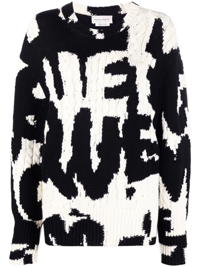 Alexander Mcqueen Woman Mcqueen Graffiti Inlaid Sweater In Black And Ivory Wool In Lead / Ivory