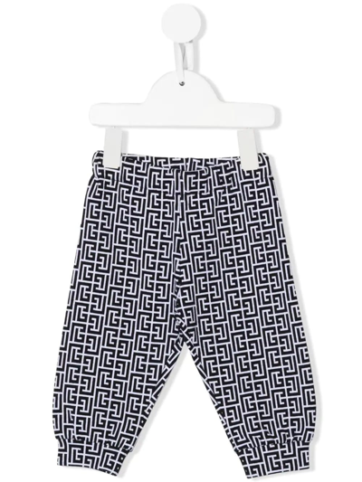 Balmain Baby White And Black Joggers With All-over Monogram In Nero/bianco