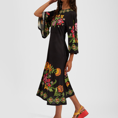 La Doublej Sorella Midi Dress In Folk Flowers Nero Placée