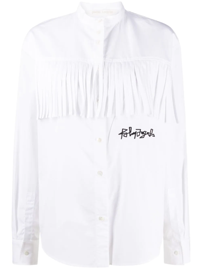 Palm Angels Logo Embroidered Fringed Shirt In White
