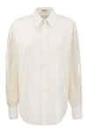 Brunello Cucinelli Stretch Cotton Poplin Shirt With Crispy Silk Broderie Anglaise Sleeve In White