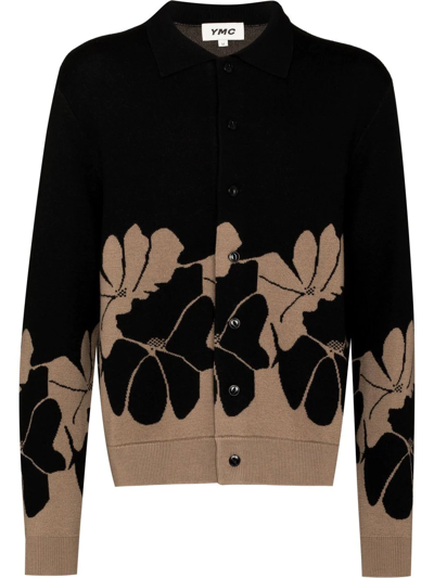 Ymc You Must Create Black Rat Pack Floral Jacquard Wool Cardigan In Black / Brown