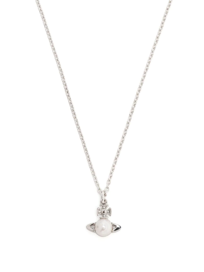 Vivienne Westwood Pearl-logo Pendant Necklace In Silver