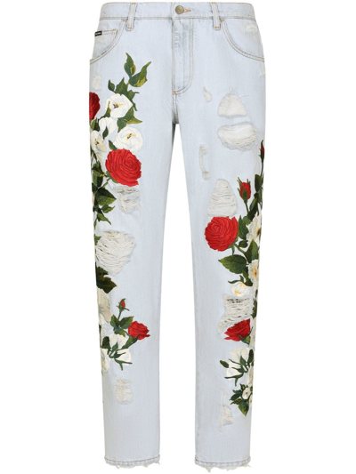 Dolce & Gabbana Distressed Floral-print Jeans In Blau