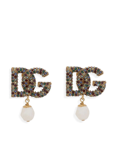 Dolce & Gabbana Rhinestone And Faux Pearl Dg Logo Clip-on Earrings In Gold