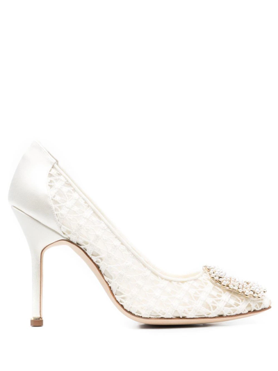 Manolo Blahnik White Hangisi 105 Pearl Lace Pumps In Neutrals