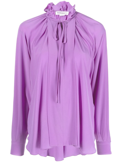 Victoria Beckham Tie-front Gathered Silk Crepe De Chine Blouse In Purple