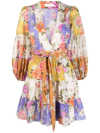 Zimmermann Pattie Floral Wrap Tiered Three-quarter Sleeve Mini Dress In Multi-colored