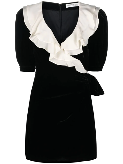 Alessandra Rich Black And White Velvet Mini Wrap Dress