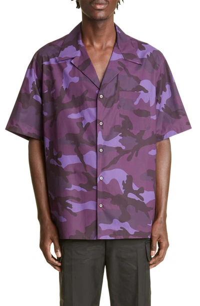 Valentino Camo Print Cotton Poplin Bowling Shirt In Purple