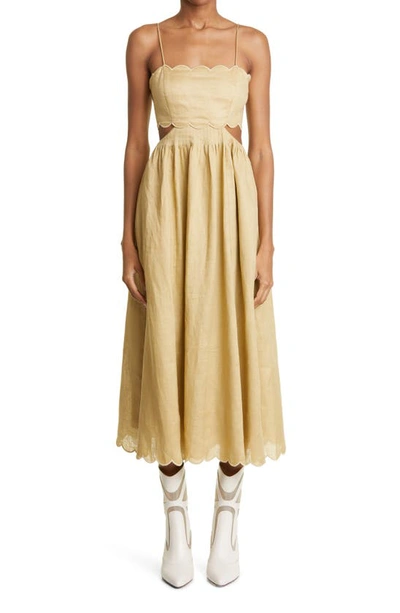 Zimmermann Jude Lace-up Cutout Scalloped Linen-voile Midi Dress In Beige