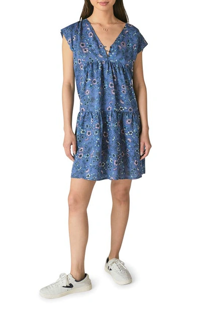 Lucky Brand Floral Tiered Cotton Blend Peasant Dress In Blue