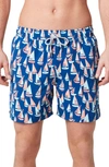 Tom & Teddy Boat Print Swim Trunks In Marine Blue/coral