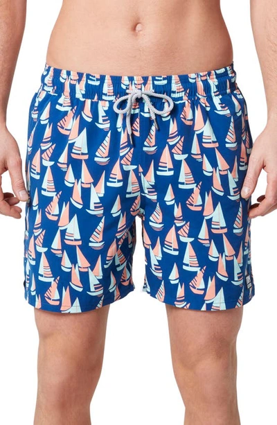 Tom & Teddy Boat Print Swim Trunks In Mulberry & Blue
