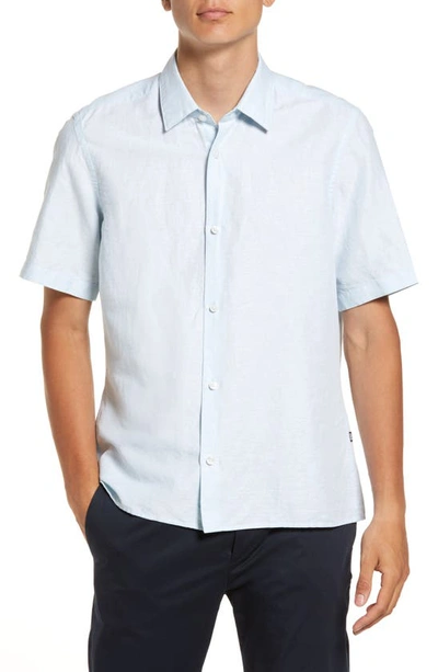 Hugo Boss Lukka Floral Short Sleeve Cotton Button-up Shirt In Blue