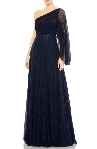 Mac Duggal Sequin Cape Sleeve One-shoulder Gown In Navy