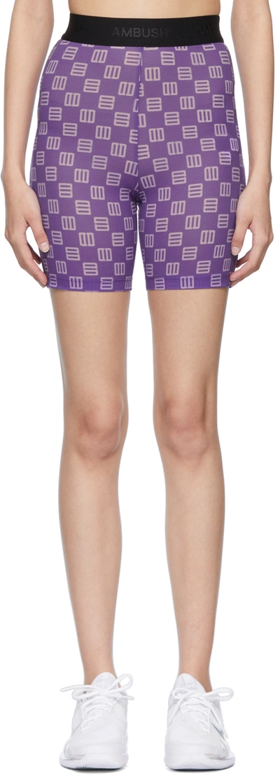 Ambush Monogram-print Branded-waistband Stretch-woven Cycling Shorts In Purple