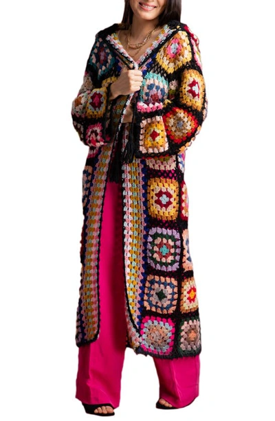 Saachi Hooded Square Crochet Kimono In Black