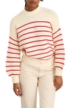 Alex Mill Stripe Button Back Cotton Crewneck Sweater In Ivory/ Red
