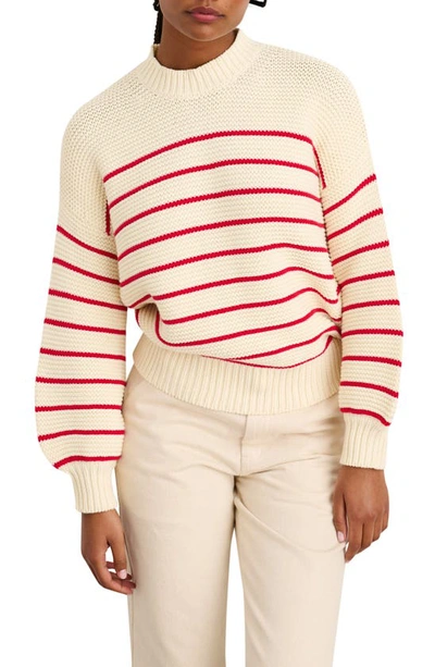 Alex Mill Stripe Button Back Cotton Crewneck Sweater In Ivory/red