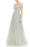 Mac Duggal Embellished Feathered Sleeveless A Line Gown In Seamist